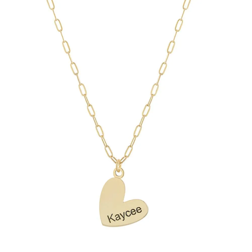 Personalized Name in Heart on Paperclip Chain Gold or Platinum finish Necklace