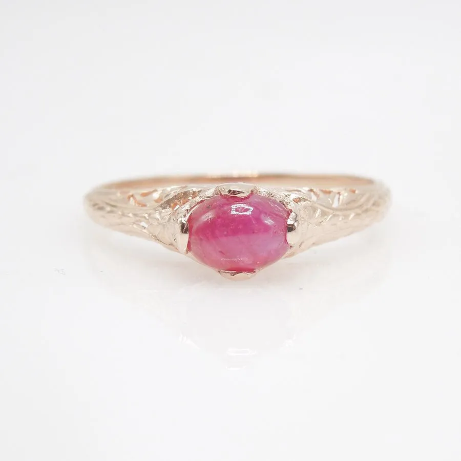 Petite Engraved Ring in 14K Rose Gold with 0.70ct Cabochon Ruby