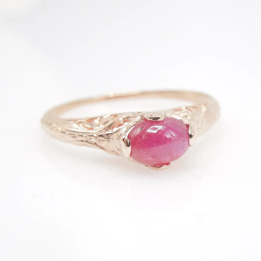 Petite Engraved Ring in 14K Rose Gold with 0.70ct Cabochon Ruby