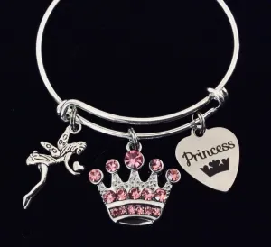 Pink Crown Princess Gift for Girls Expandable Charm Bracelet Kids Size Adjustable to Fit