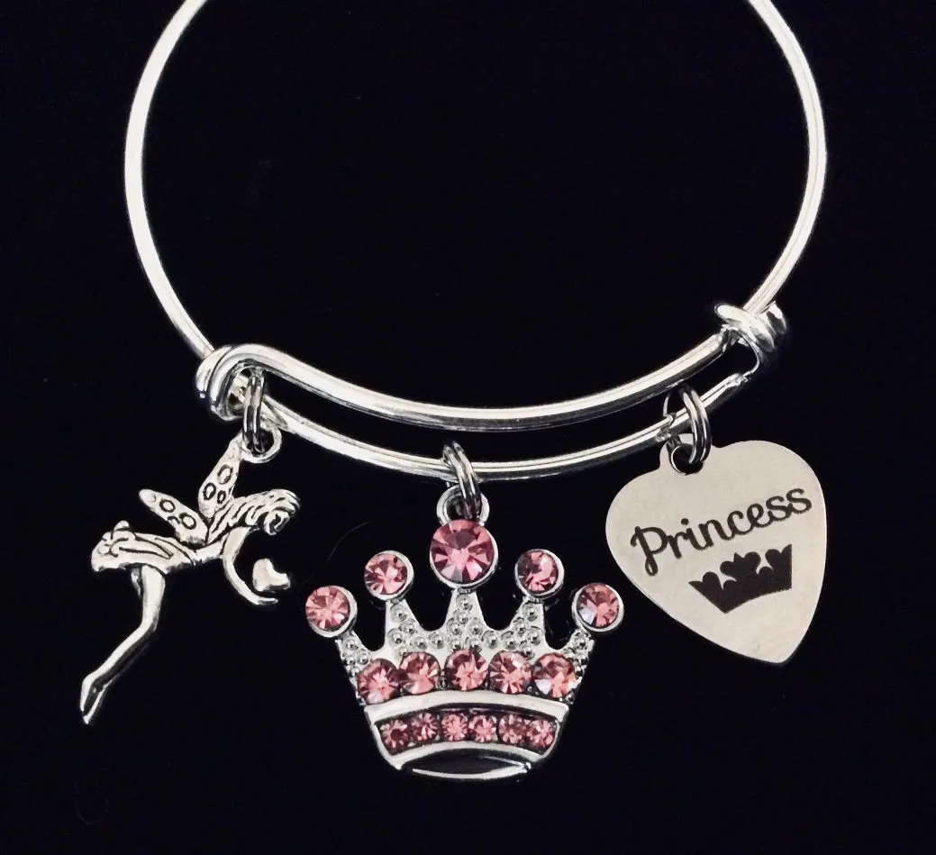 Pink Crown Princess Gift for Girls Expandable Charm Bracelet Kids Size Adjustable to Fit