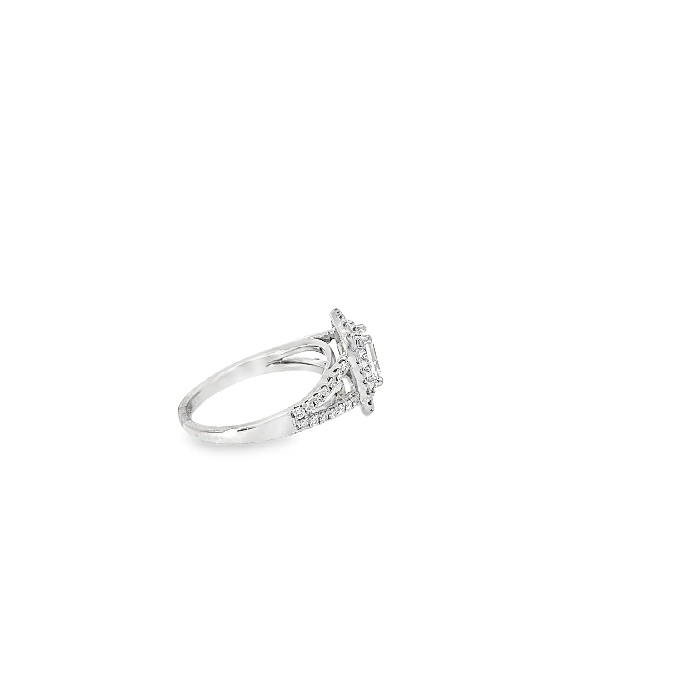 PLATINUM .70CT CENTER EMERALD CUT I VS2 AND .55CT G VS2 DOUBLE HALO SPLIT SHANK ENGAGEMENT RING