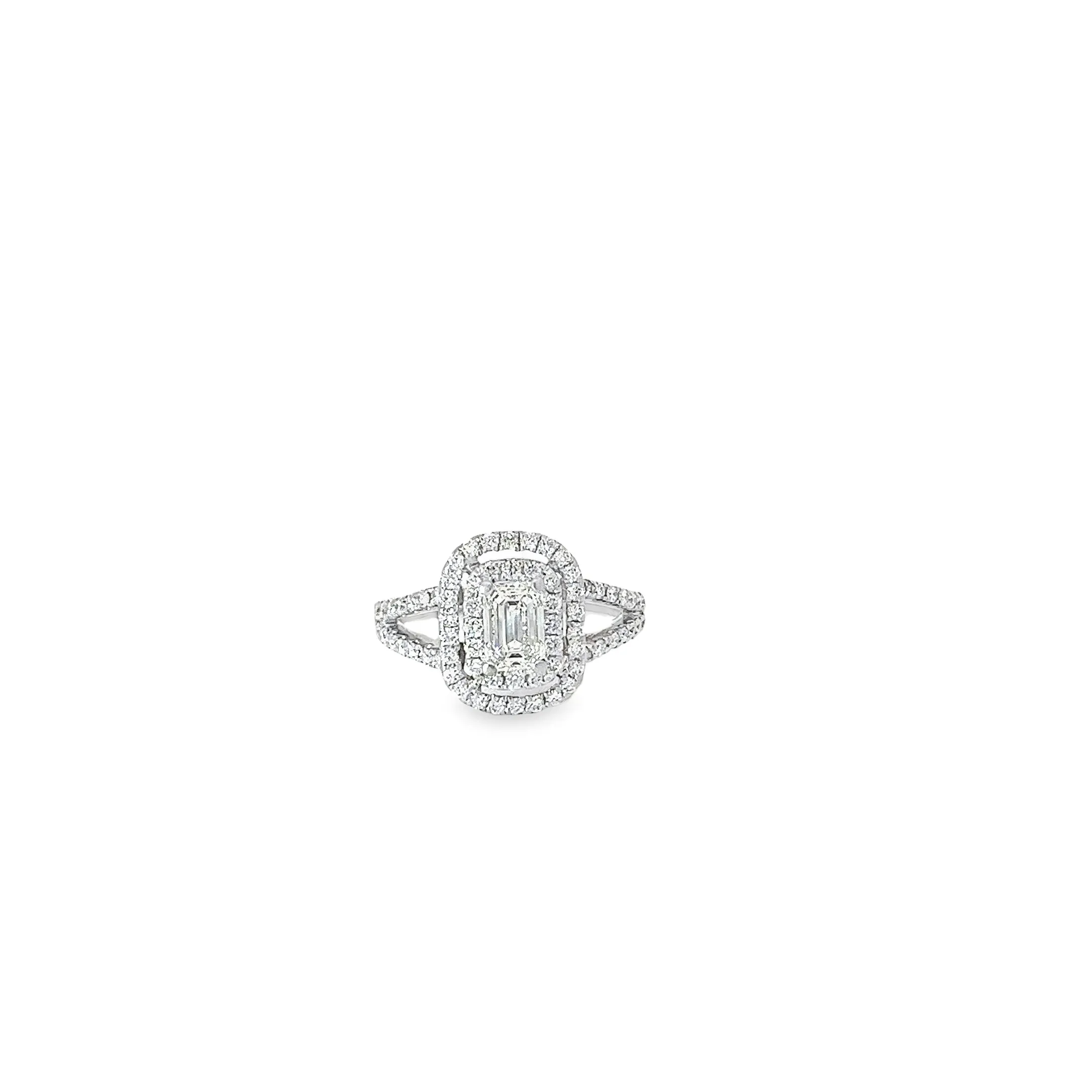 PLATINUM .70CT CENTER EMERALD CUT I VS2 AND .55CT G VS2 DOUBLE HALO SPLIT SHANK ENGAGEMENT RING