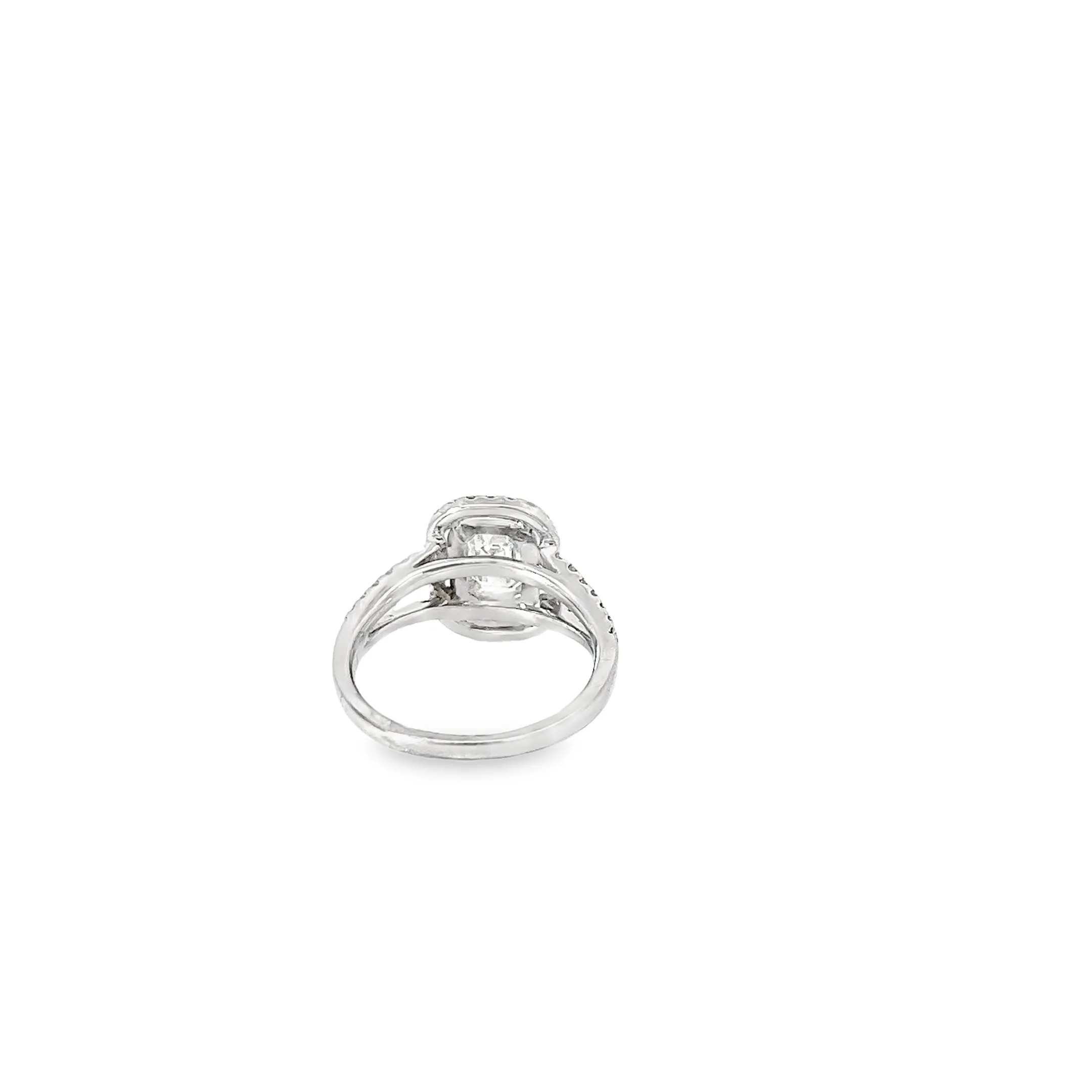 PLATINUM .70CT CENTER EMERALD CUT I VS2 AND .55CT G VS2 DOUBLE HALO SPLIT SHANK ENGAGEMENT RING