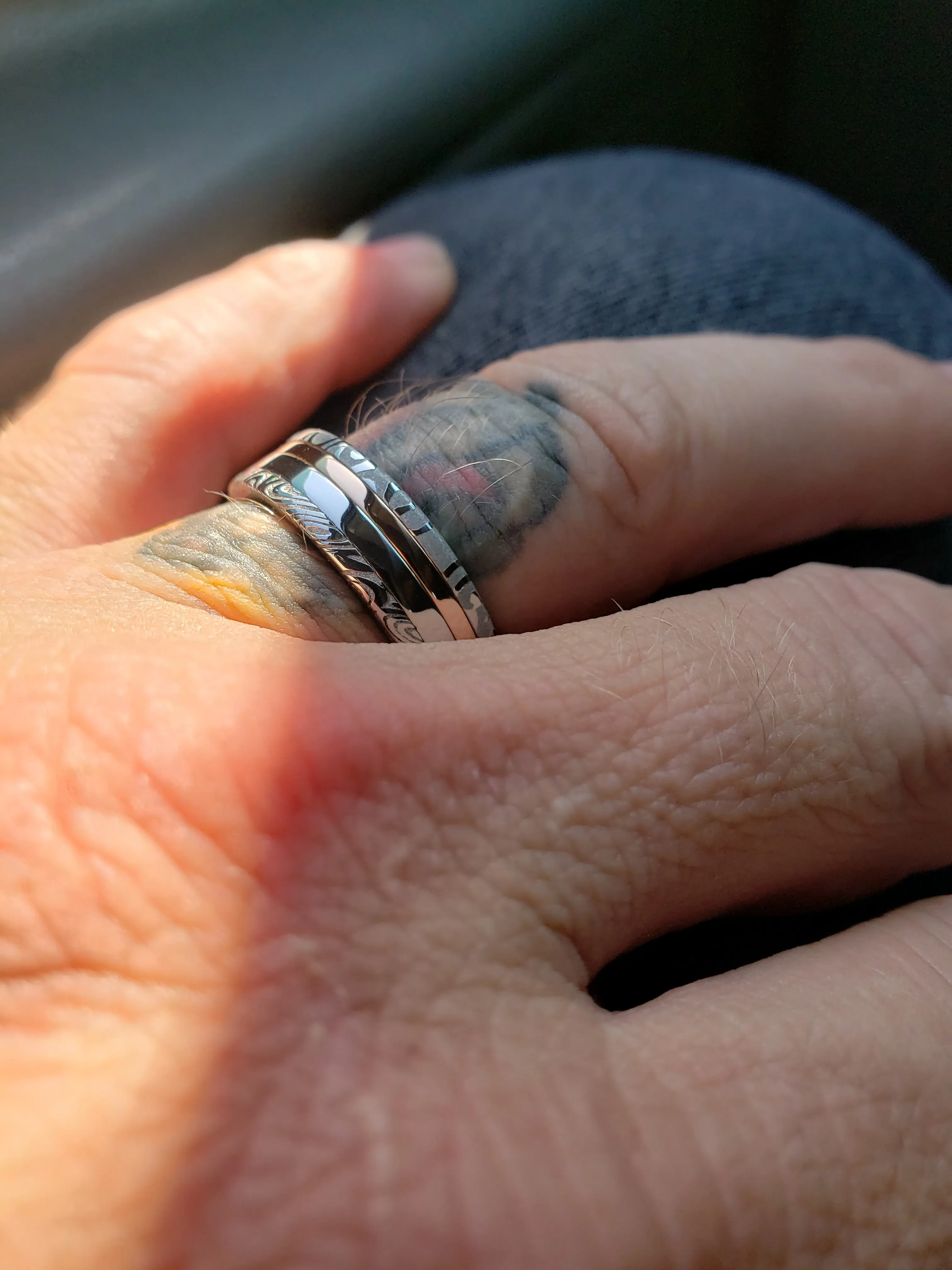 Platinum & 14k rose gold and damasteel stainless damascus Zirconium lined customizable ring mens wedding bands Gold rings