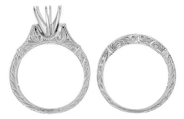 Platinum Art Deco Carved Antique Scrolls Engagement Ring Setting for a 1.75 Carat Diamond and Companion Diamond Wedding Ring