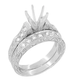 Platinum Art Deco Hand Engraved Scrolls 2 Carat Diamond Engagement Ring Setting and Matching Diamond Wedding Ring