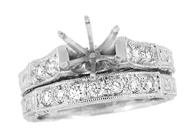 Platinum Art Deco Hand Engraved Scrolls 2 Carat Diamond Engagement Ring Setting and Matching Diamond Wedding Ring