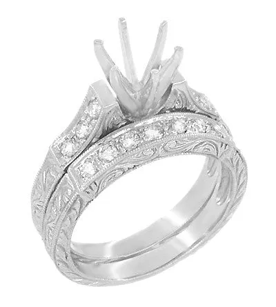 Platinum Art Deco Hand Engraved Scrolls 2 Carat Diamond Engagement Ring Setting and Matching Diamond Wedding Ring