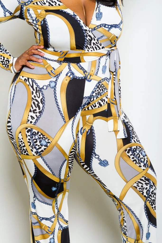 Plus Size Surplice Vintage Unique Printed Jumpsuit