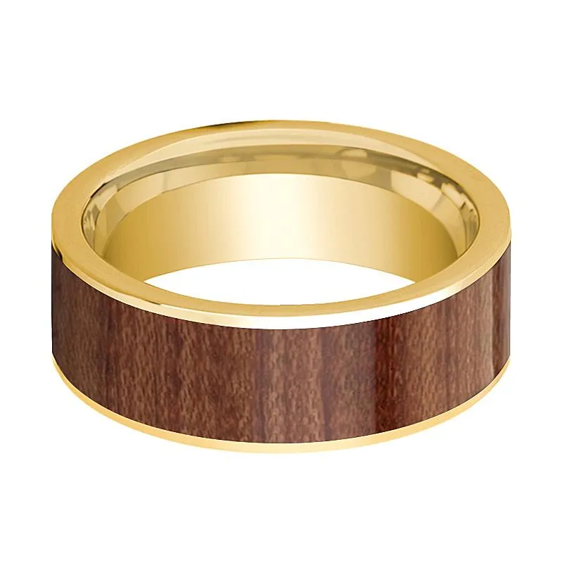 Polished 14k Yellow Gold Flat Wedding Band for Men with Rose Wood Inlay - 8MM