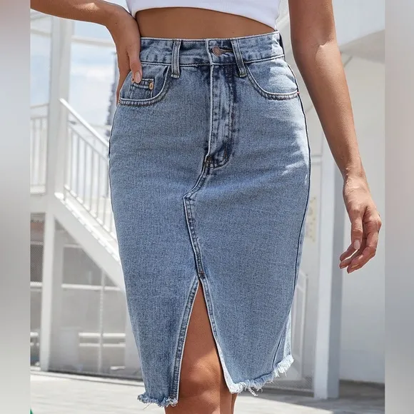 Raw Hem Slit Denim Skirt medium wash