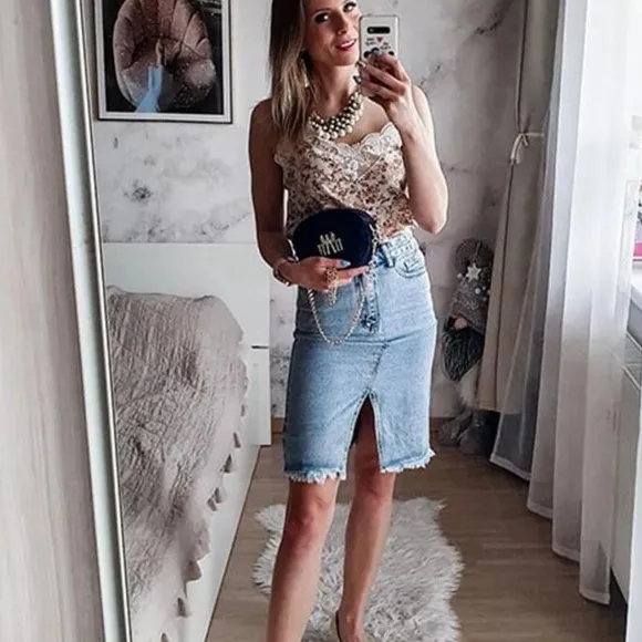 Raw Hem Slit Denim Skirt medium wash