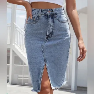 Raw Hem Slit Denim Skirt medium wash