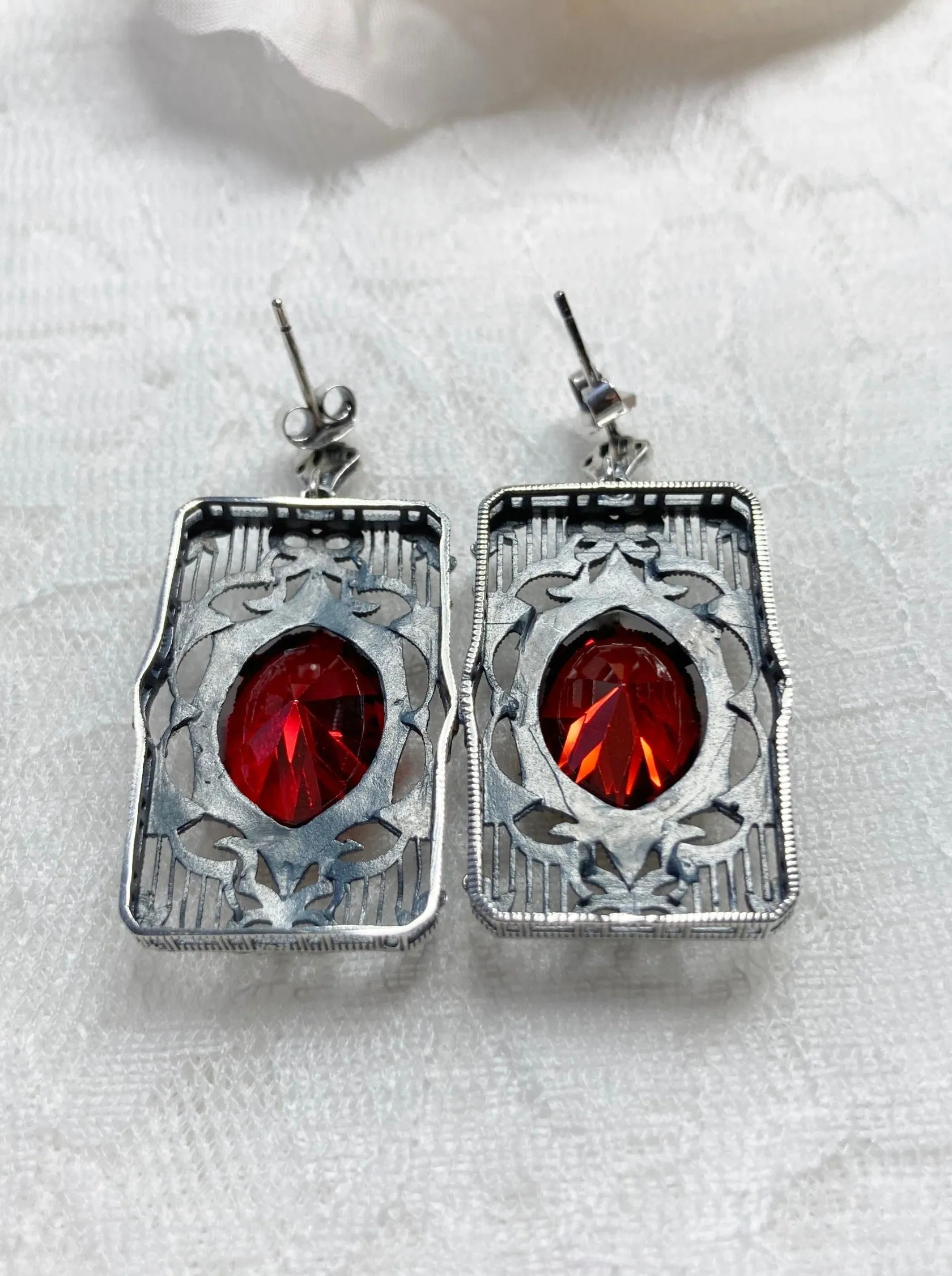Red Garnet CZ Earrings, Marquise Cut Gem, Vintage Filigree Jewelry, E24
