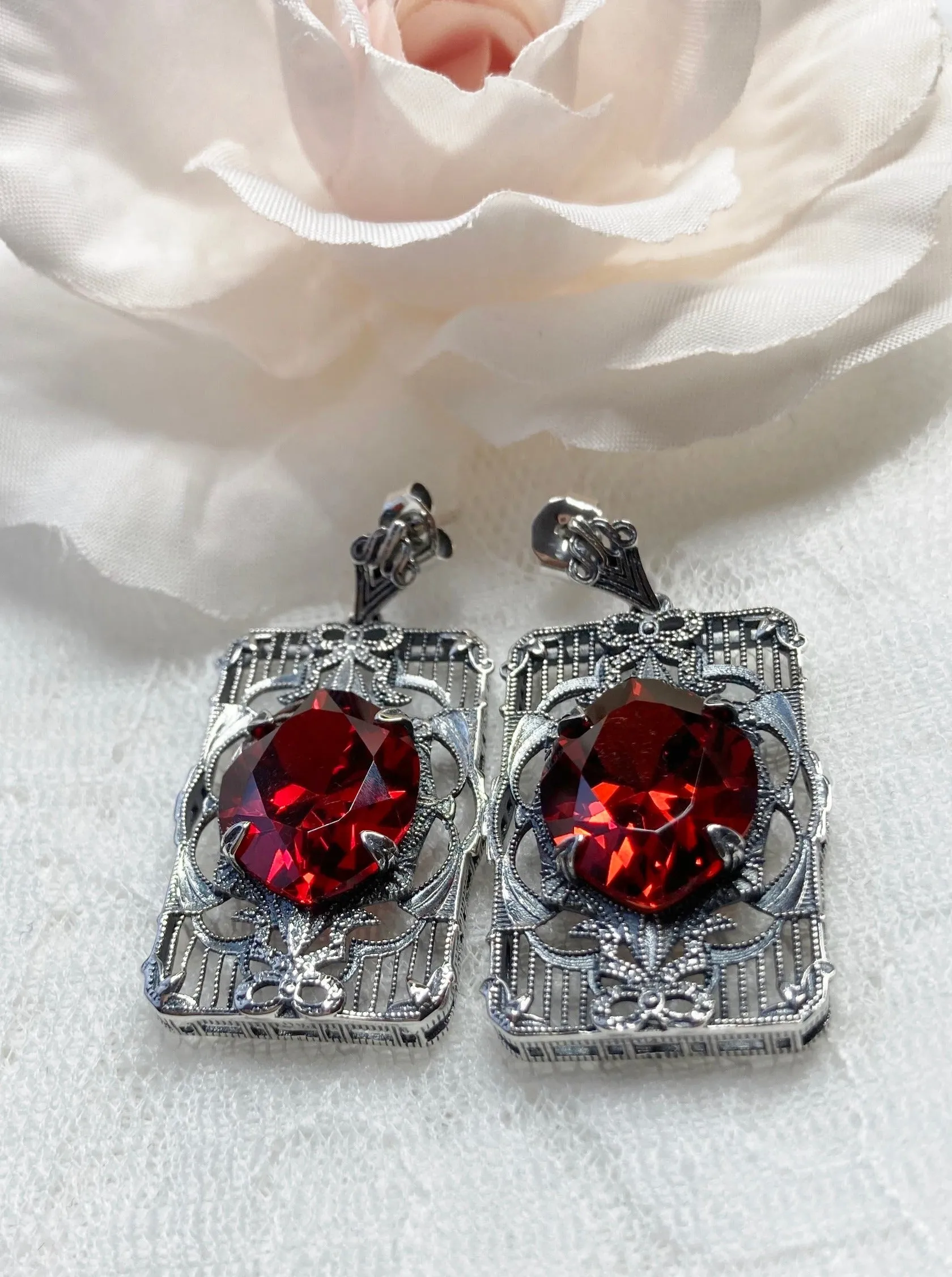 Red Garnet CZ Earrings, Marquise Cut Gem, Vintage Filigree Jewelry, E24