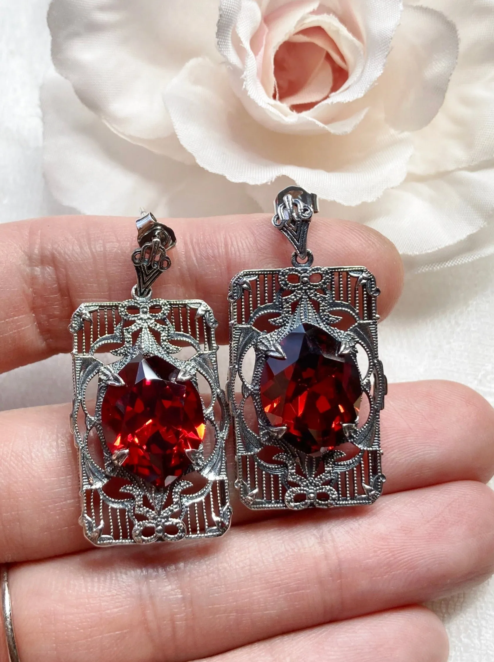 Red Garnet CZ Earrings, Marquise Cut Gem, Vintage Filigree Jewelry, E24
