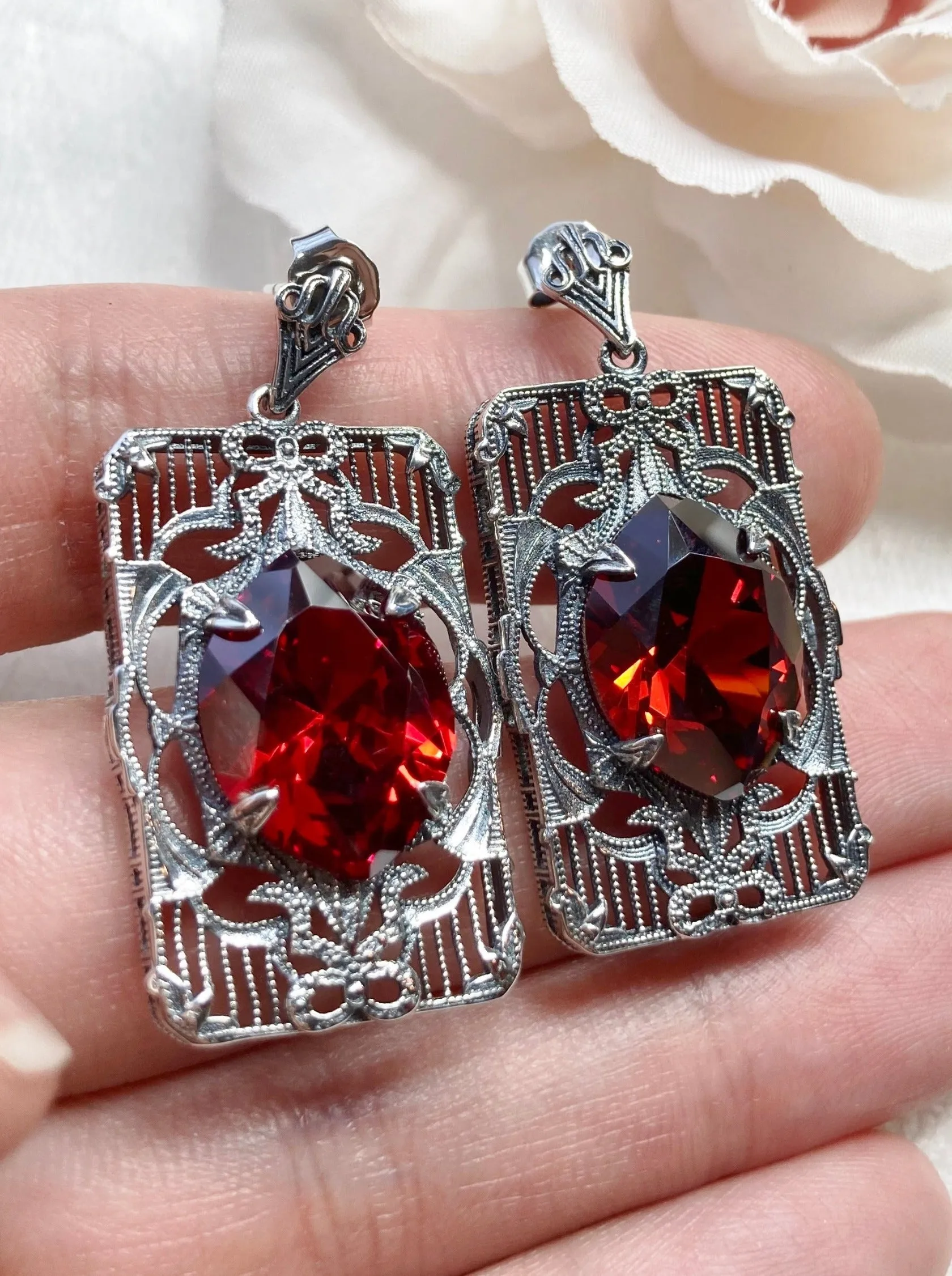 Red Garnet CZ Earrings, Marquise Cut Gem, Vintage Filigree Jewelry, E24