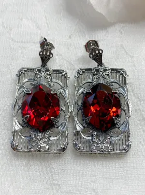 Red Garnet CZ Earrings, Marquise Cut Gem, Vintage Filigree Jewelry, E24