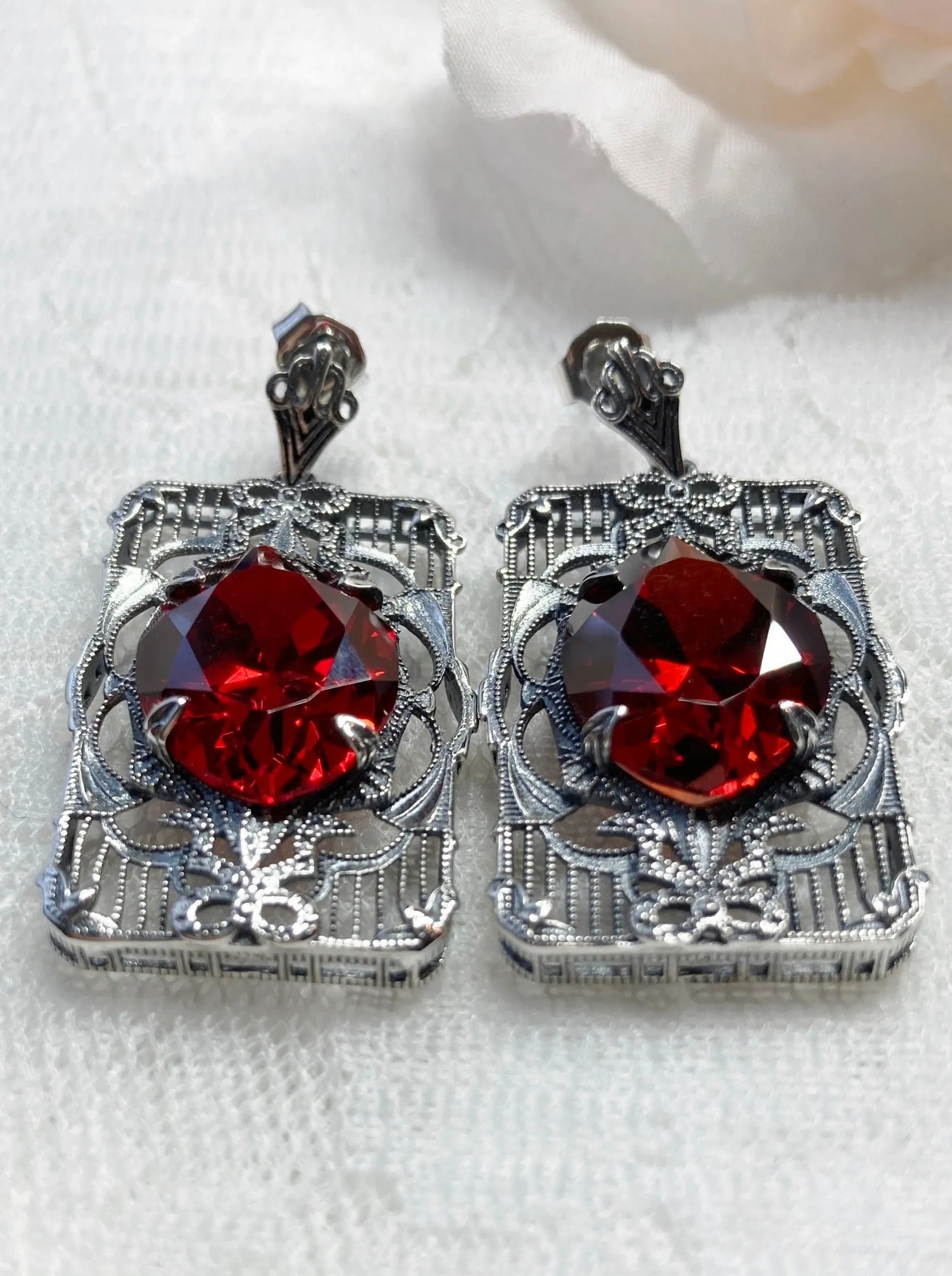 Red Garnet CZ Earrings, Marquise Cut Gem, Vintage Filigree Jewelry, E24