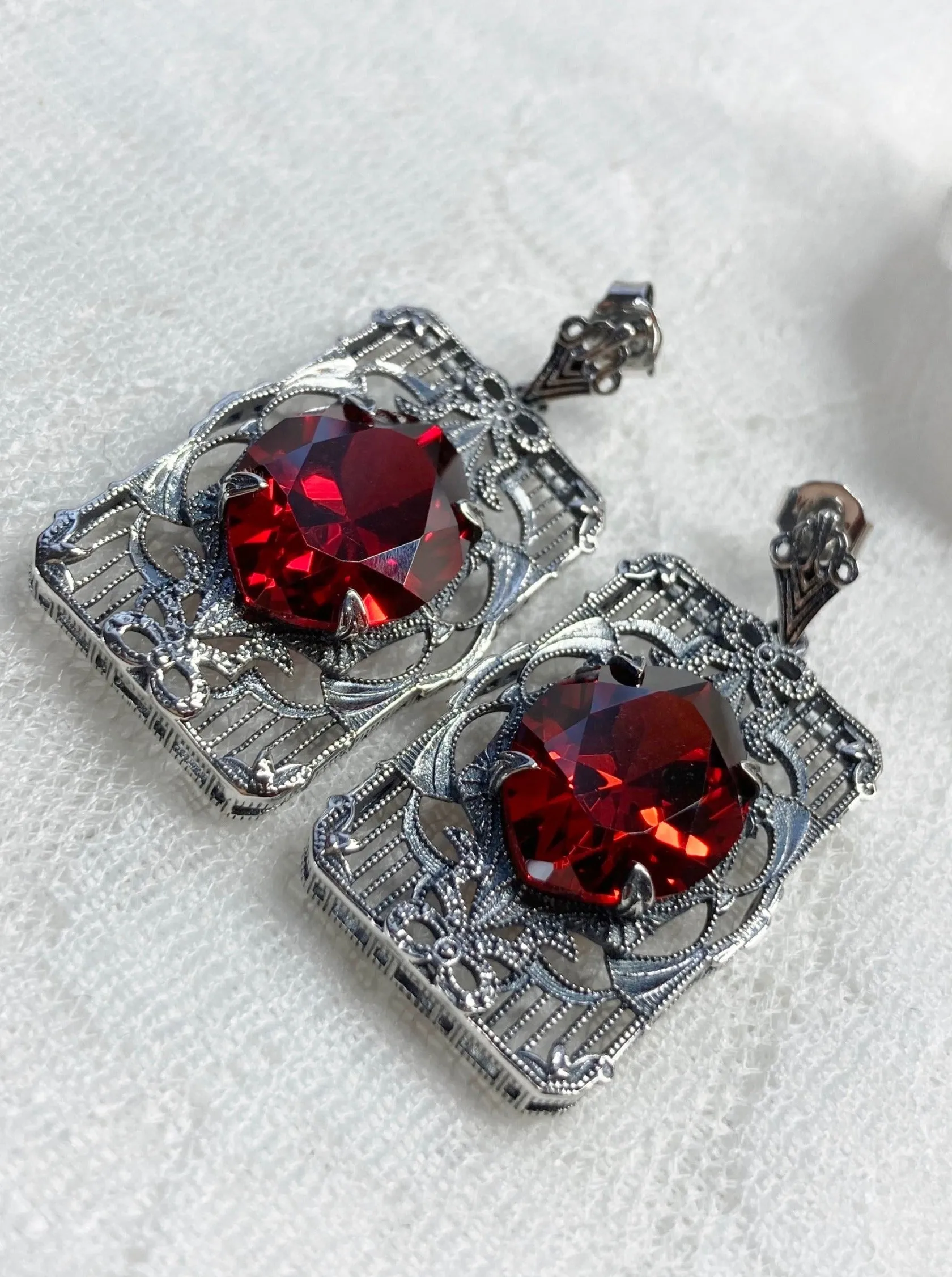 Red Garnet CZ Earrings, Marquise Cut Gem, Vintage Filigree Jewelry, E24