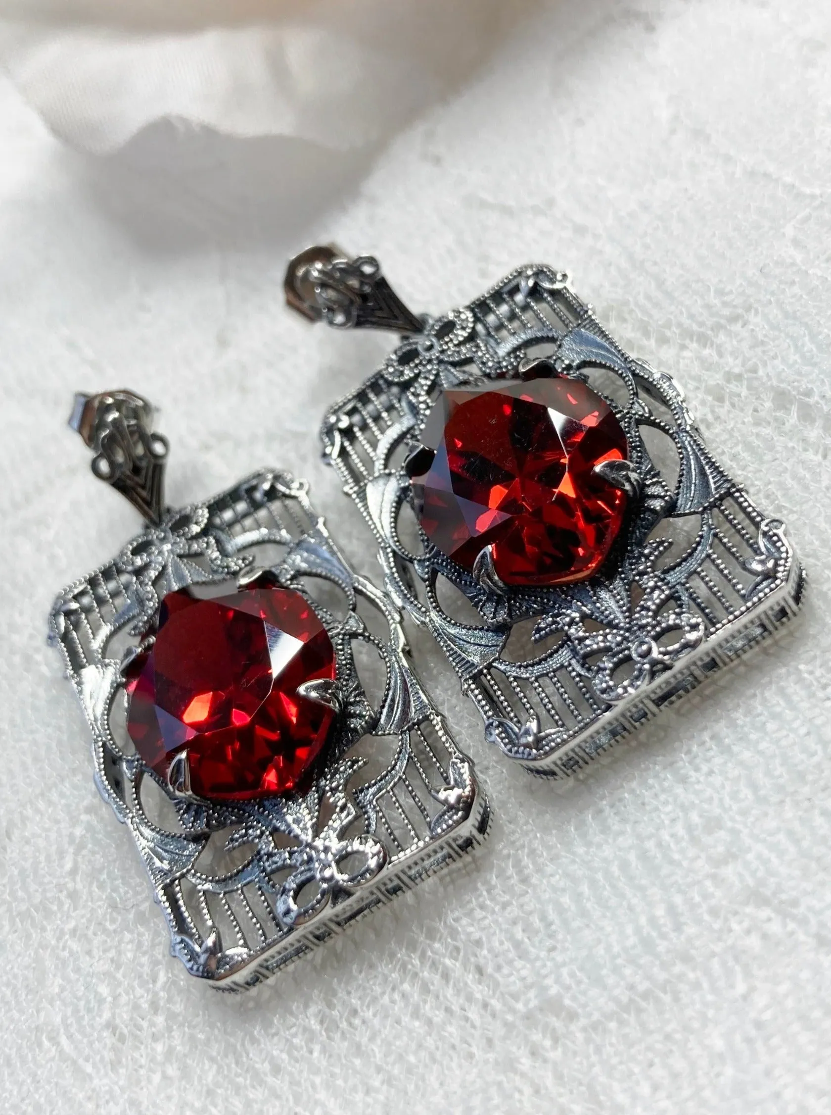 Red Garnet CZ Earrings, Marquise Cut Gem, Vintage Filigree Jewelry, E24