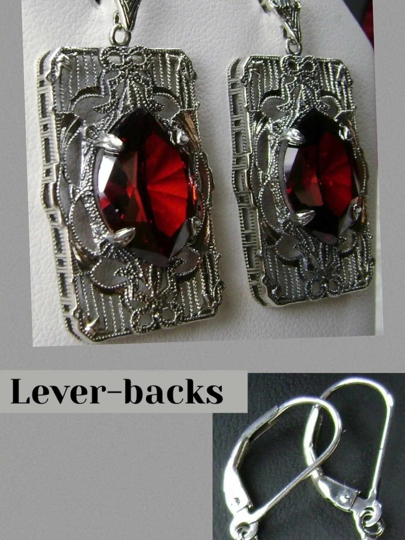 Red Garnet CZ Earrings, Marquise Cut Gem, Vintage Filigree Jewelry, E24