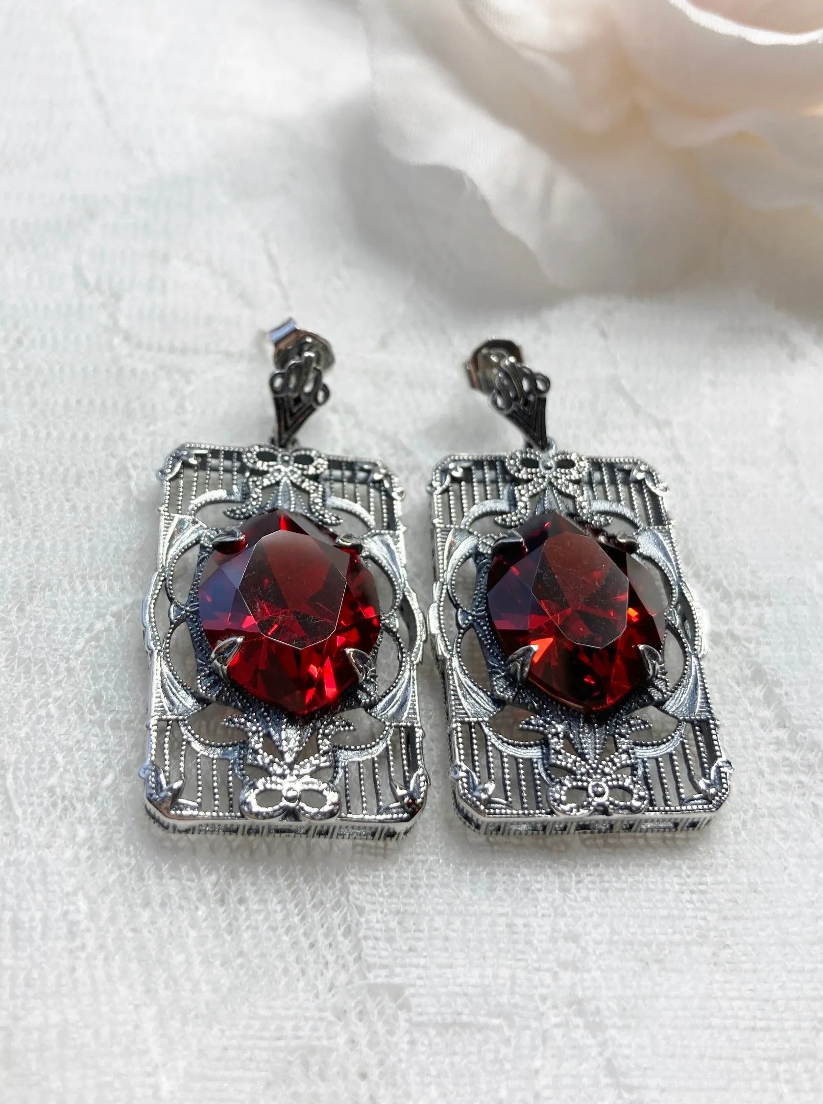 Red Garnet CZ Earrings, Marquise Cut Gem, Vintage Filigree Jewelry, E24