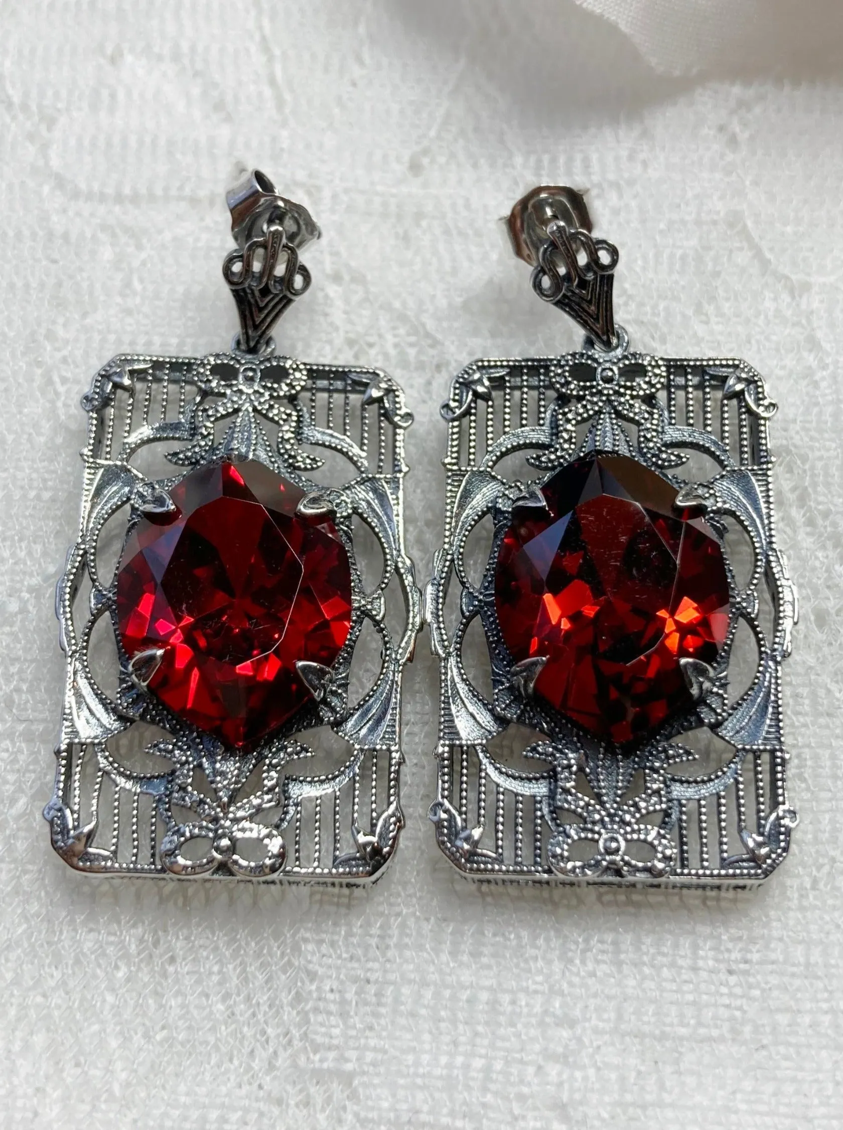 Red Garnet CZ Earrings, Marquise Cut Gem, Vintage Filigree Jewelry, E24
