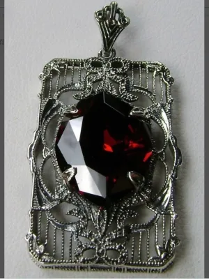 Red Garnet CZ Pendant, Art Deco Sterling Silver Filigree Jewelry, P24
