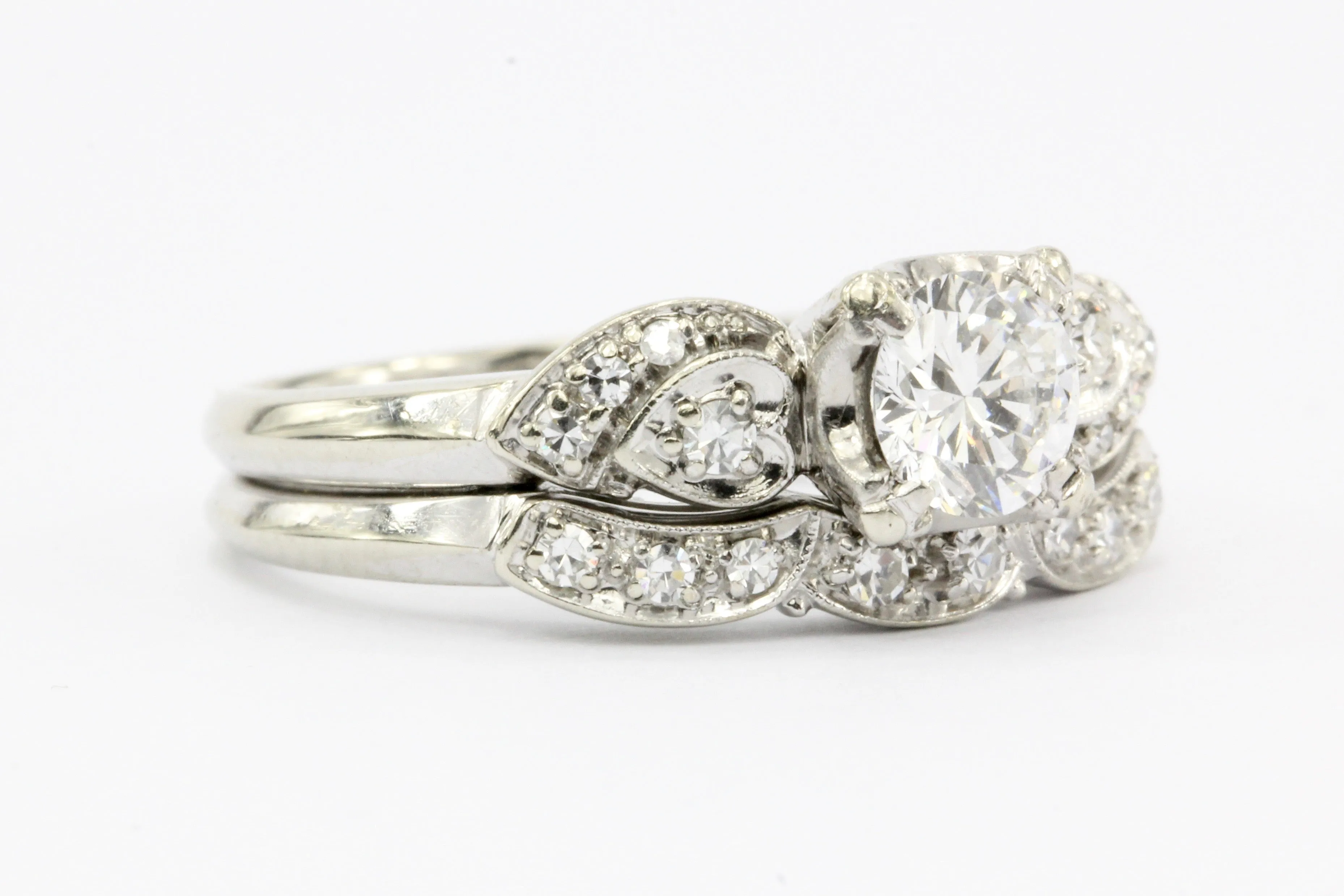 Retro Granat Bros 18K White Gold Diamond Engagement Ring & Band c.1950