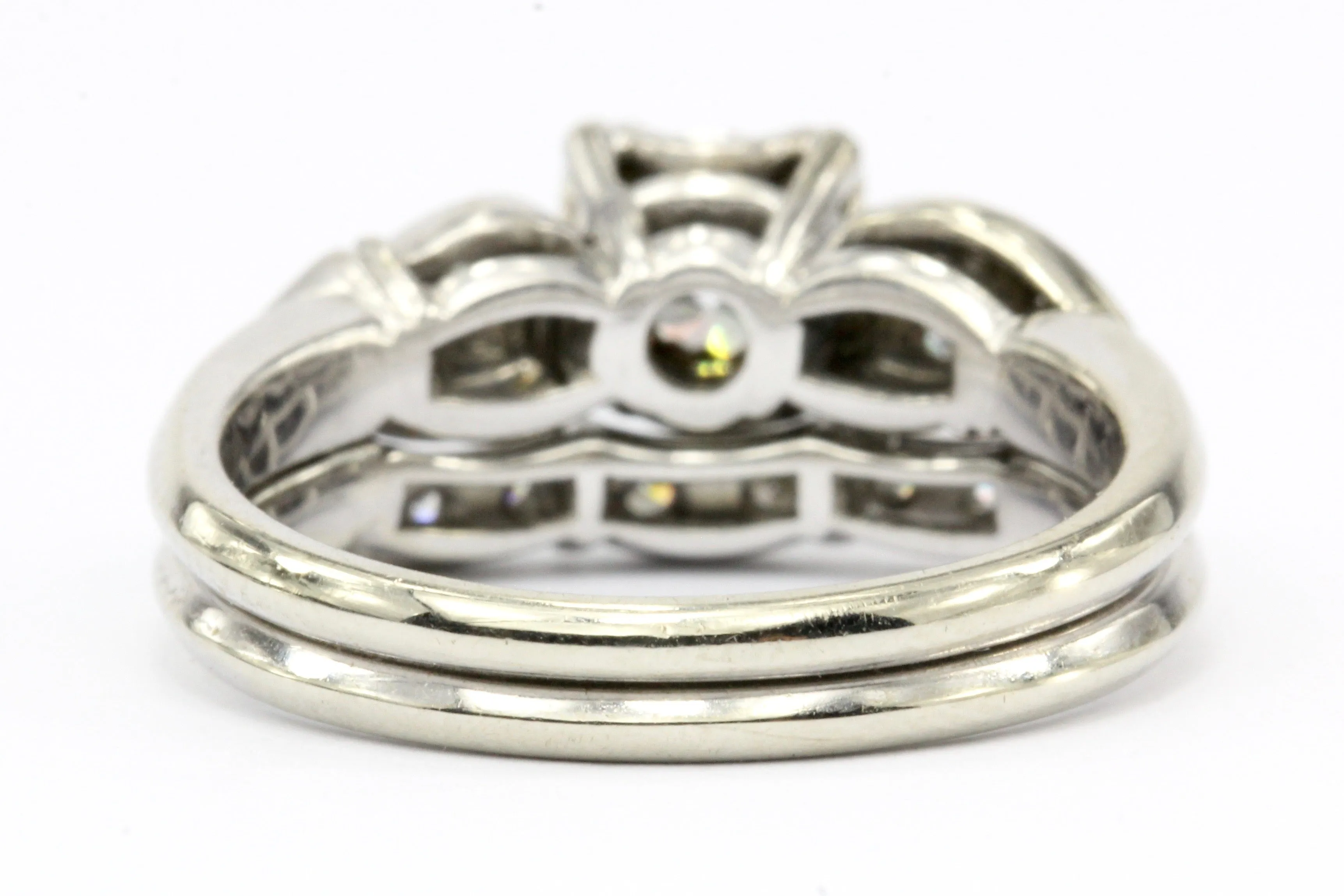 Retro Granat Bros 18K White Gold Diamond Engagement Ring & Band c.1950