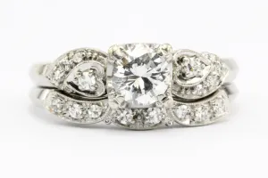Retro Granat Bros 18K White Gold Diamond Engagement Ring & Band c.1950