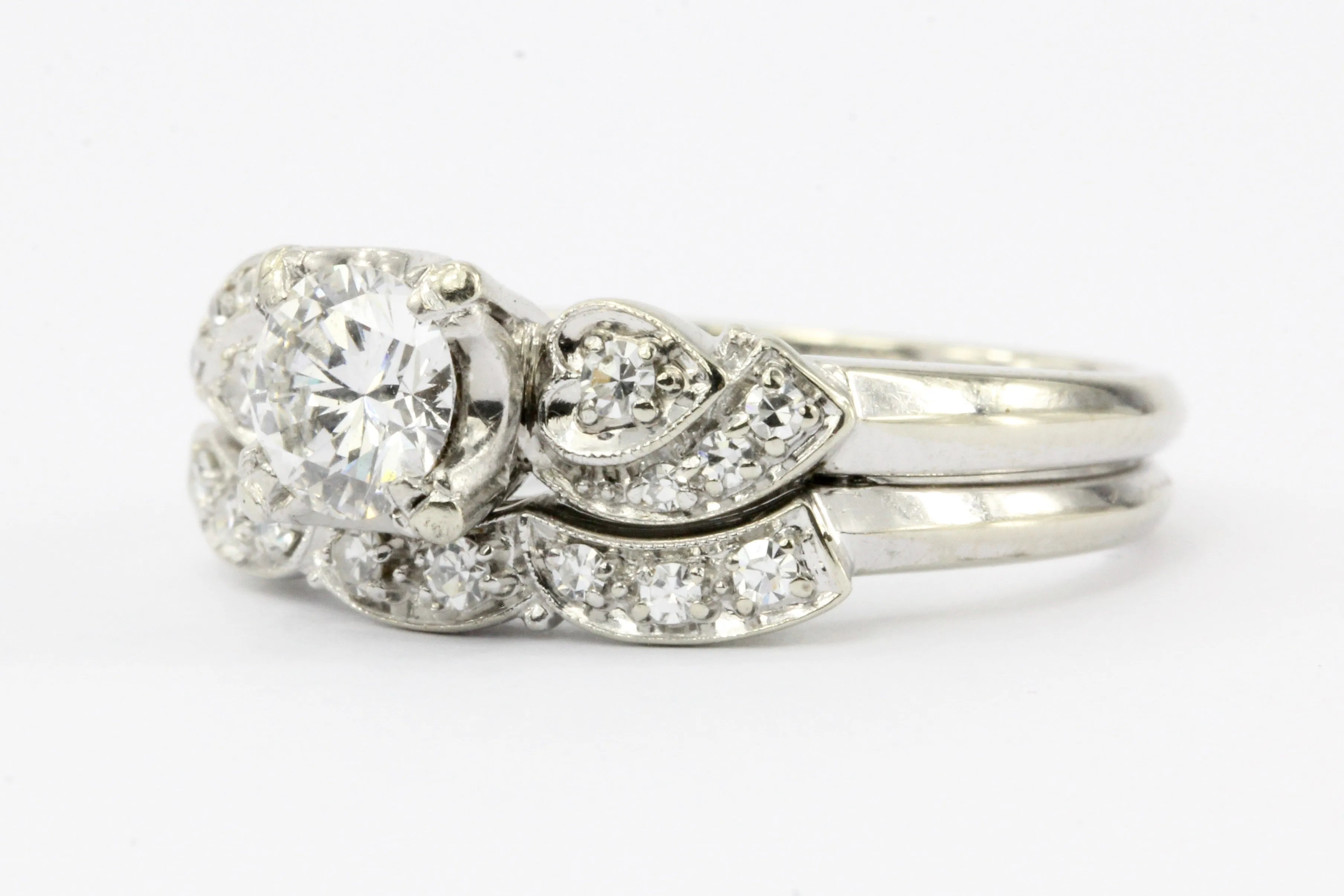 Retro Granat Bros 18K White Gold Diamond Engagement Ring & Band c.1950