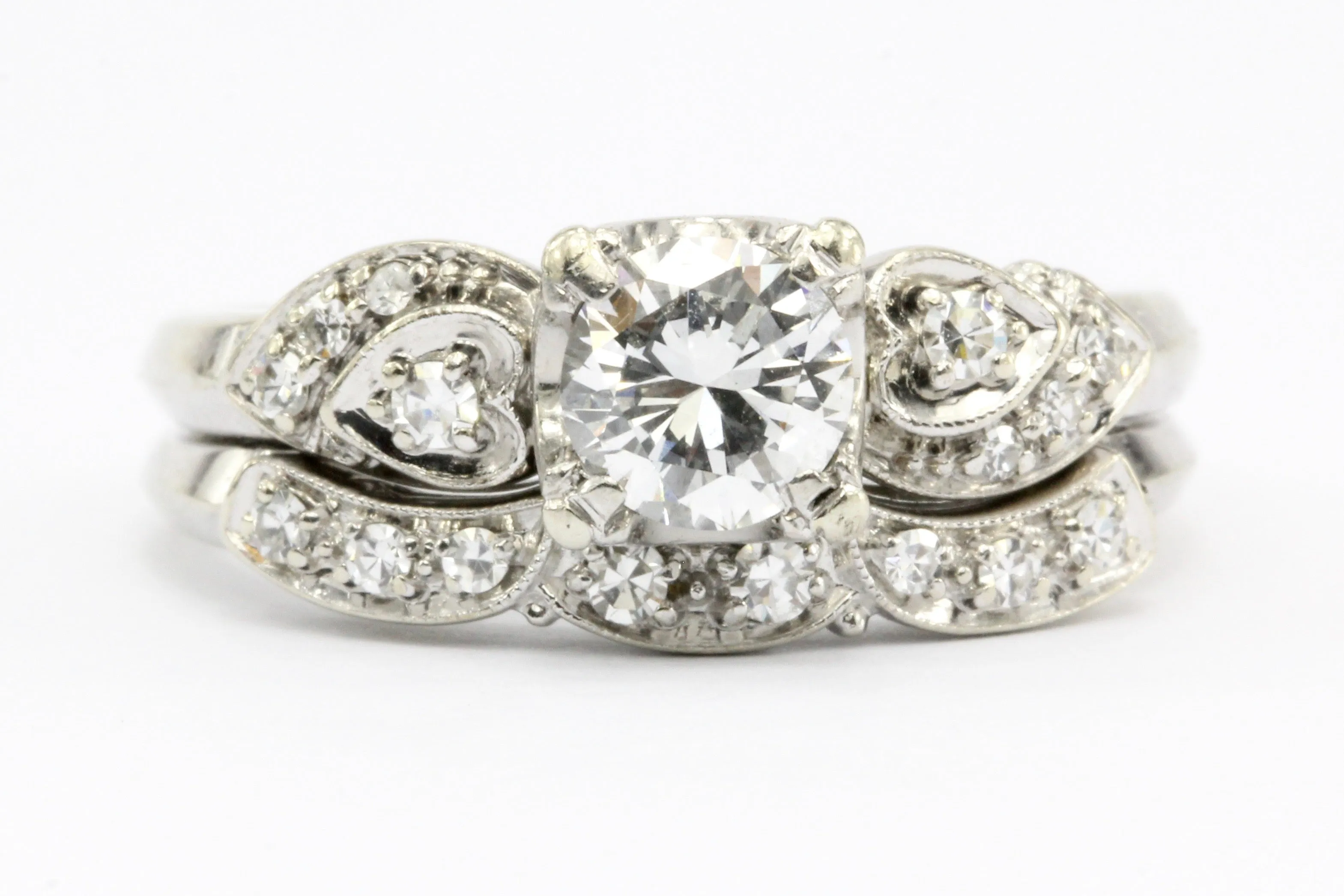 Retro Granat Bros 18K White Gold Diamond Engagement Ring & Band c.1950