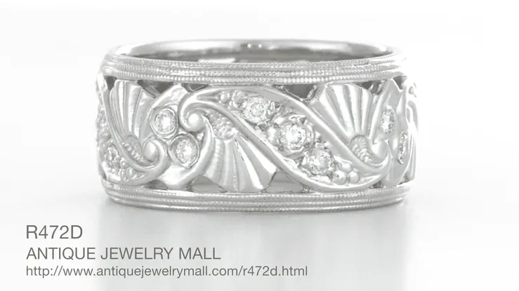 Retro Moderne Filigree Diamond Wide Wedding Ring in 14 Karat White Gold