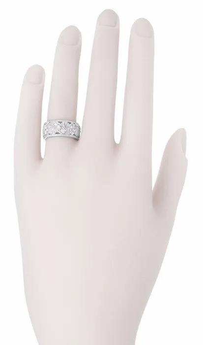Retro Moderne Filigree Diamond Wide Wedding Ring in 14 Karat White Gold