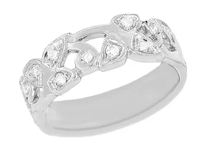Retro Moderne Vintage Leaves Filigree Diamond Wedding Band in White Gold - 14K or 18K
