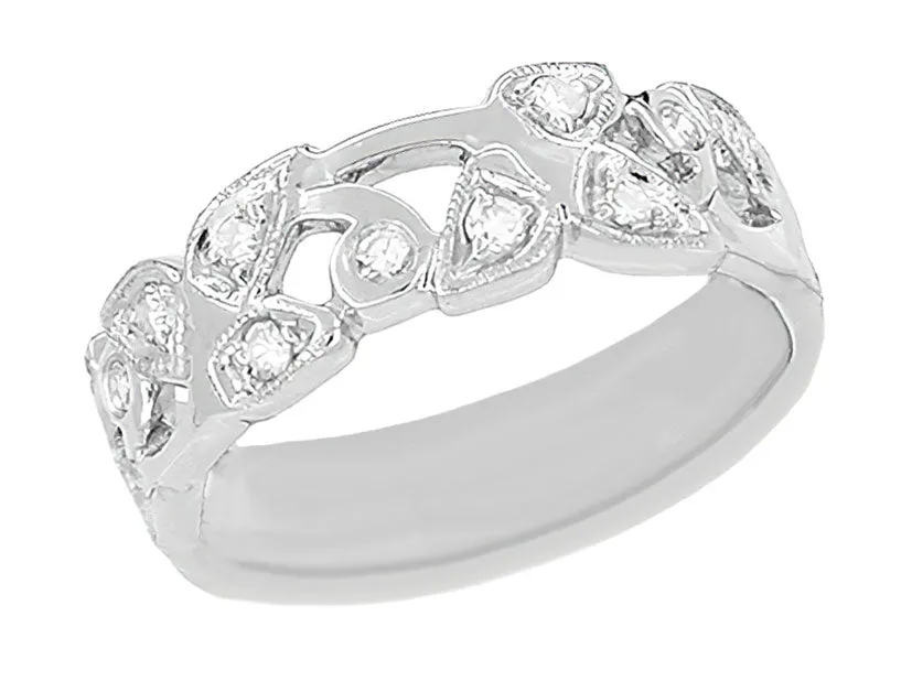 Retro Moderne Vintage Leaves Filigree Diamond Wedding Band in White Gold - 14K or 18K