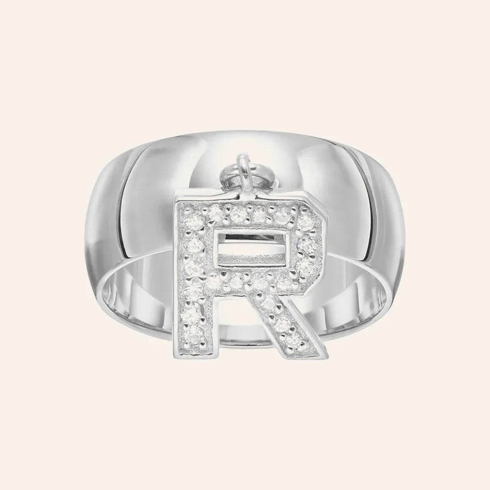 Rhodium Plated Sterling Silver Ds  White Cz Cube Charm Letter