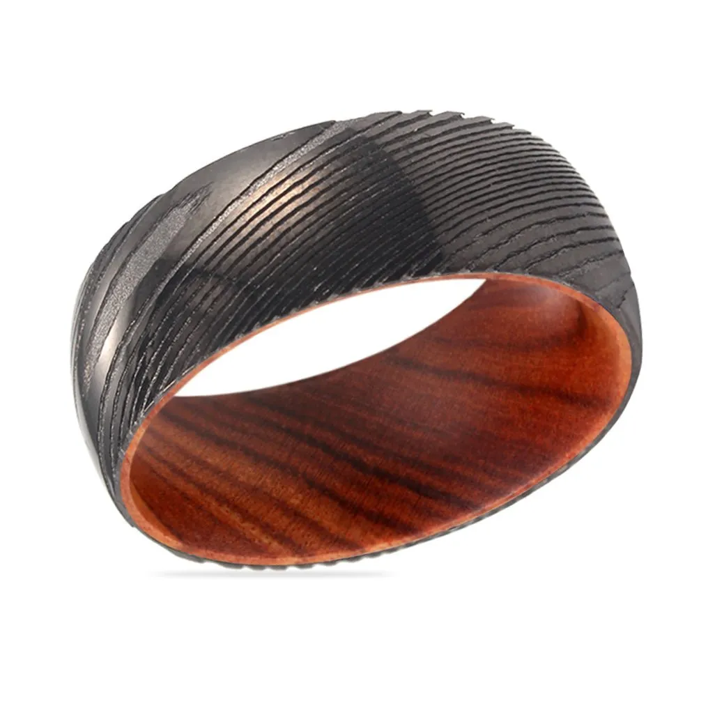 RINALDI | Iron Wood, Gunmetal Damascus Steel Ring, Domed