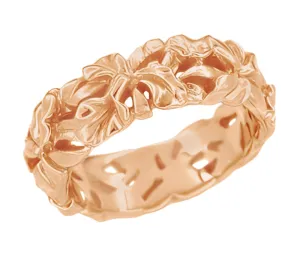 Rose Gold Calla Lilies Filigree Wedding Band - Mid Century Modern Floral Wide Wedding Ring