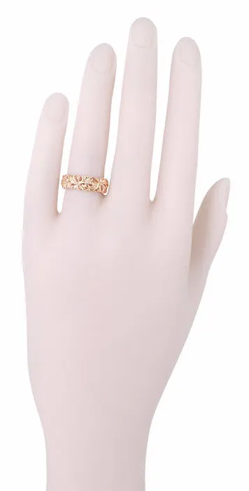 Rose Gold Calla Lilies Filigree Wedding Band - Mid Century Modern Floral Wide Wedding Ring