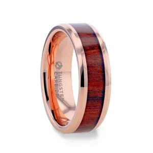 Rose Gold Plated Koa Wood Tungsten Men's Wedding Band Beveled Edges - 8mm
