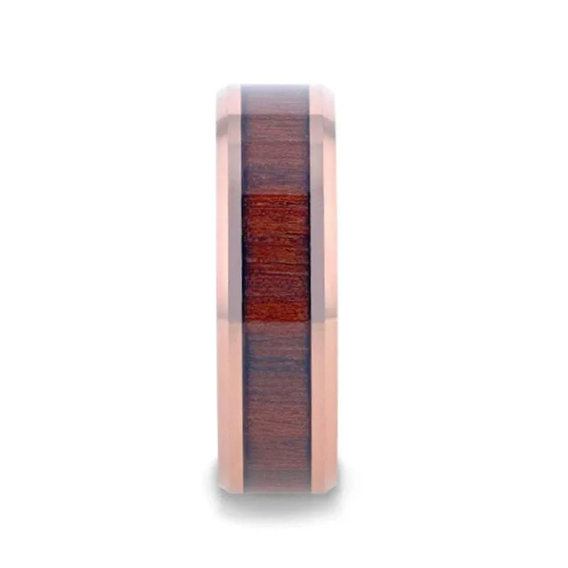Rose Gold Plated Koa Wood Tungsten Men's Wedding Band Beveled Edges - 8mm