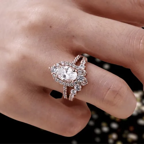 Rose Gold Unique Design Halo Oval Cut Wedding Set