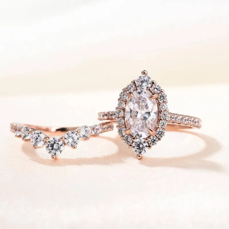 Rose Gold Unique Design Halo Oval Cut Wedding Set