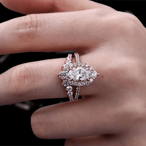 Rose Gold Unique Design Halo Oval Cut Wedding Set
