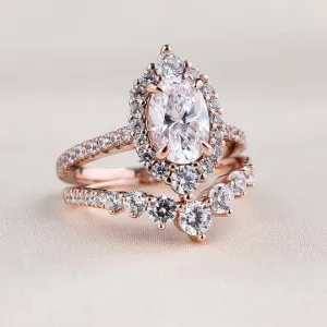 Rose Gold Unique Design Halo Oval Cut Wedding Set