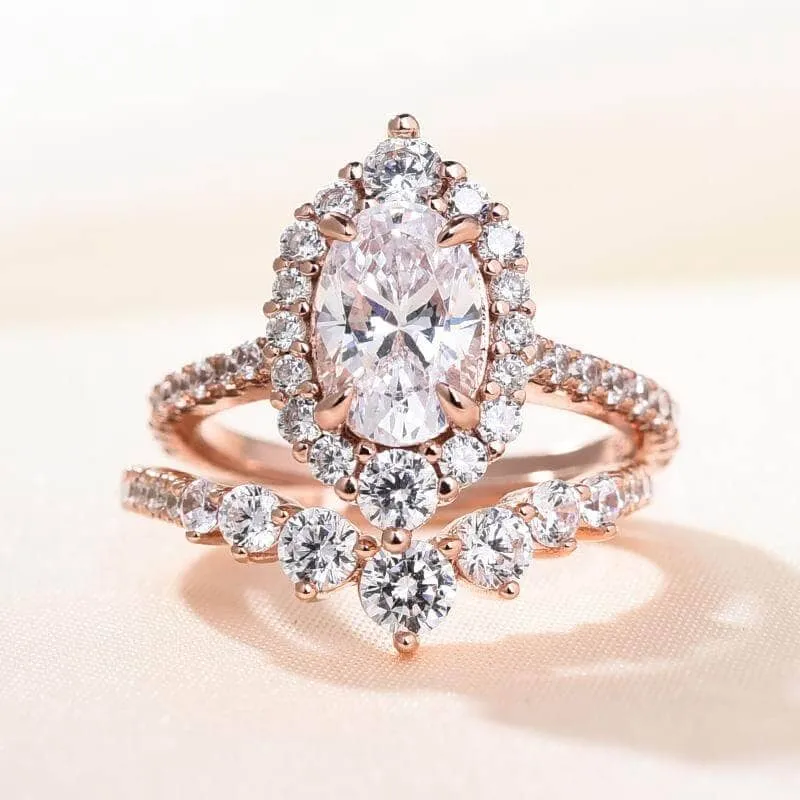 Rose Gold Unique Design Halo Oval Cut Wedding Set